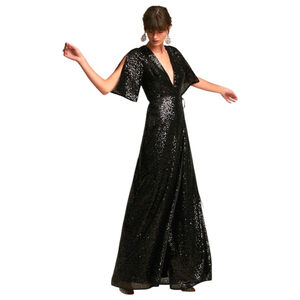 Aidan Mattox Black Sequin Jordana Flutter-Sleeve Wrap Gown, 8